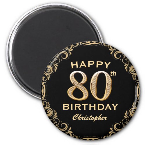 80th Birthday Party Black and Gold Glitter Frame Magnet