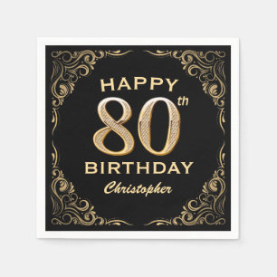 80th Birthday Party Black and Gold Glitter Frame Napkins
