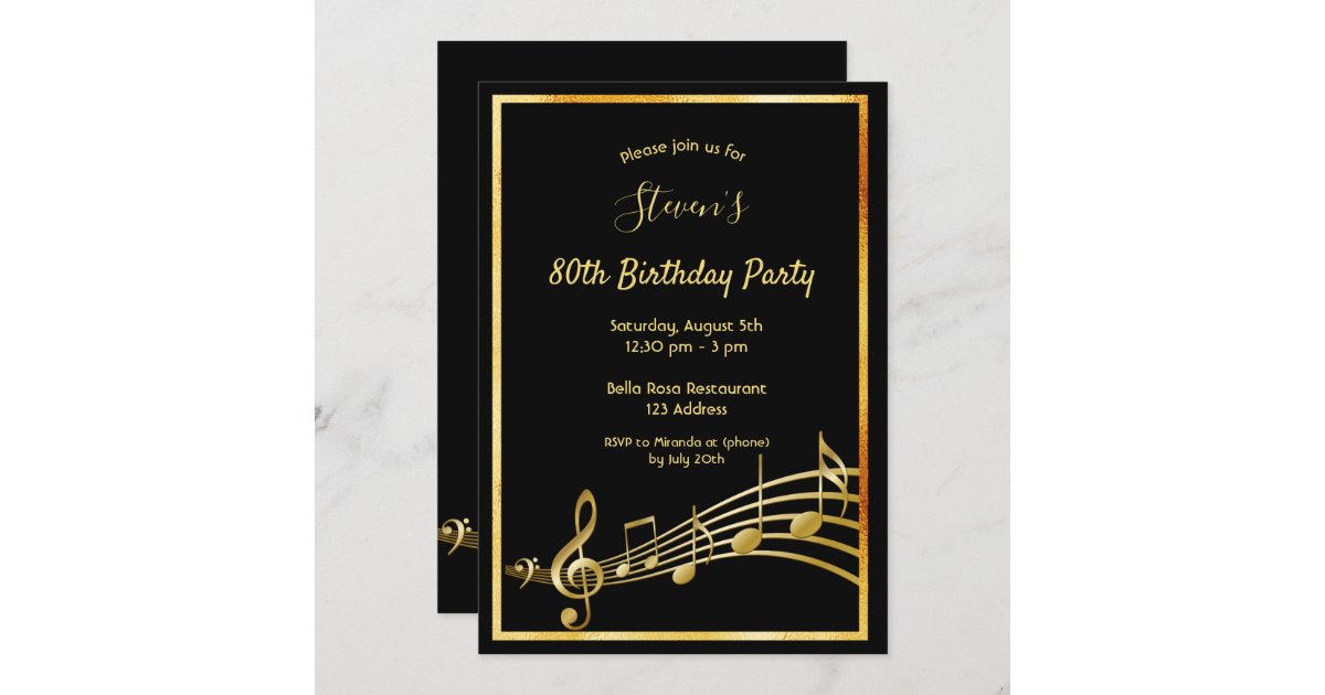 80th birthday party black and gold music notes invitation | Zazzle.com