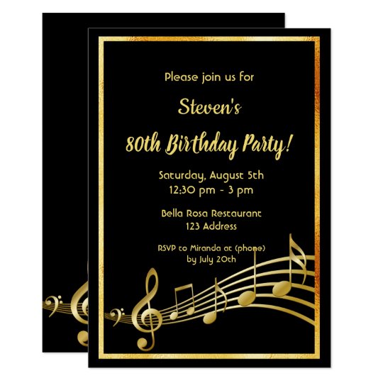 80th birthday party black and gold music notes invitation | Zazzle.com