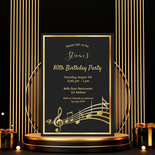 80th birthday party black and gold music notes invitation