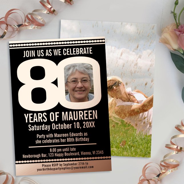 80th Birthday party black and rose gold foil photo Invitation (Creator Uploaded)