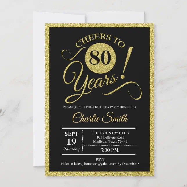 80th Birthday Party - Black Gold Any Age Invitation 