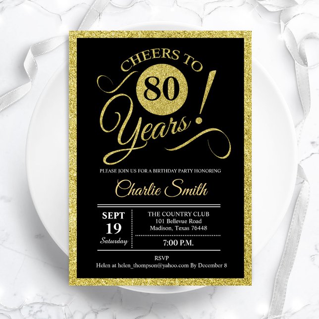 80th Birthday Party - Black Gold ANY AGE Invitation (Creator Uploaded)