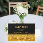 80th birthday party black gold bow glam sparkle guest book<br><div class="desc">Elegant, classic, glamorous and feminine. A faux gold colored ribbon with a bow with golden faux glitter and sparkle, a bit of bling and luxury. A guestbook for a 80th birthday party. The name is written with golden trendy hand lettered style script. Black background. Spine: template for your own text....</div>