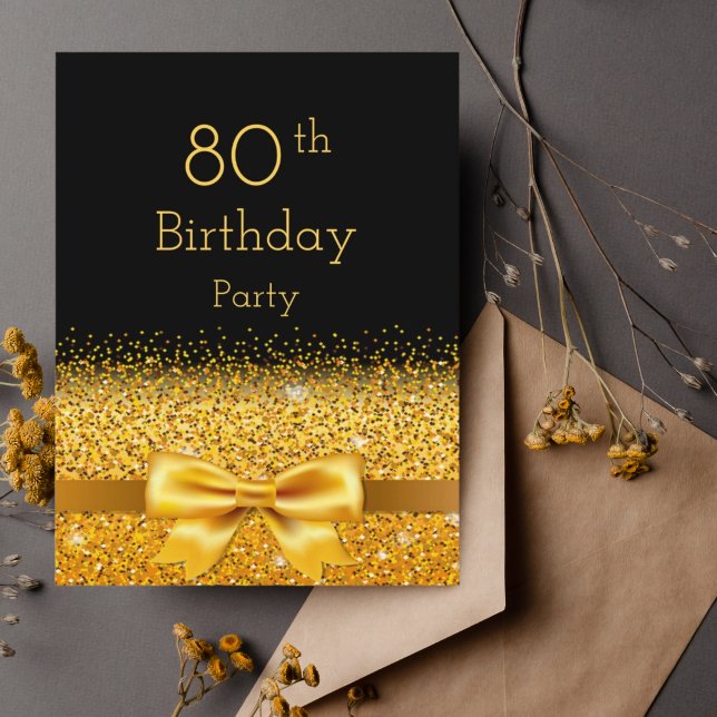 80th birthday party black gold bow invitation postcard