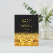 80th birthday party black gold bow invitation postcard (Standing Front)