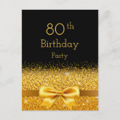 80th birthday party black gold bow invitation postcard (Front)