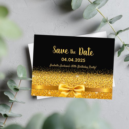80th birthday party black gold bow save the date postcard