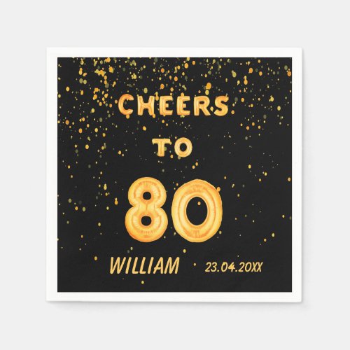 80th birthday party black gold cheers name guy napkins