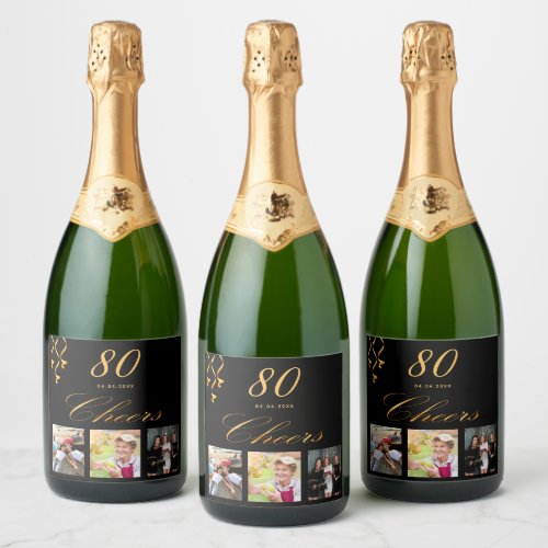 80th birthday party black gold cheers photo sparkling wine label