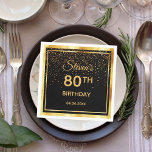 80th birthday party black gold confetti napkins<br><div class="desc">A napkin for an elegant black and gold themed 80th birthday party. Templates for a name, age and date of the party. Golden colored letters. Black background color and a faux gold frame. With golden confetti rain, shower. The background is transparent so you can change the color to match your...</div>