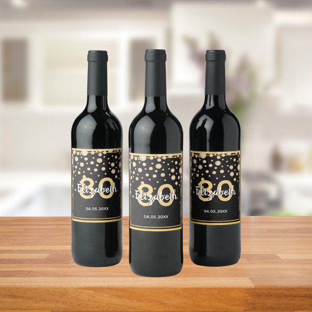 80th birthday party black gold diamonds wine label (Creator Uploaded)