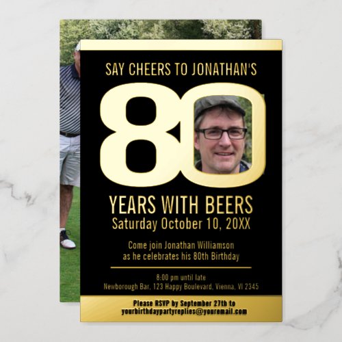 80th Birthday party black gold foil photo beer Foil Invitation