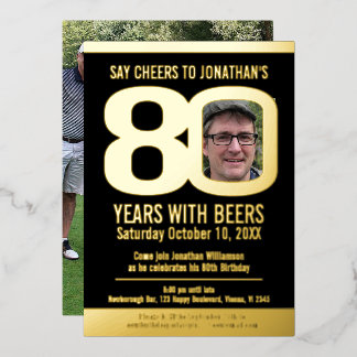 80th Birthday party black gold foil photo beer Invitation