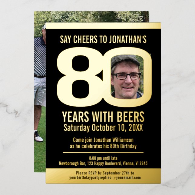 80th Birthday party black gold foil photo beer Invitation (Front/Back)