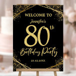 80th Birthday Party Black & Gold Glitter Welcome Foam Board<br><div class="desc">Make your 80th birthday extra special with our '80th Birthday Party Black & Gold Glitter Welcome Foam Board!' It's a delightful way to celebrate this milestone. Get your Welcome Party Sign today and let the party begin!✨🎉 Please note: The gold glitter effect is simulated,  no real glitter is used</div>