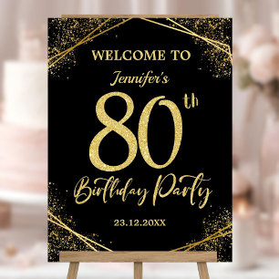 80th Birthday Party Black & Gold Glitter Welcome Foam Board