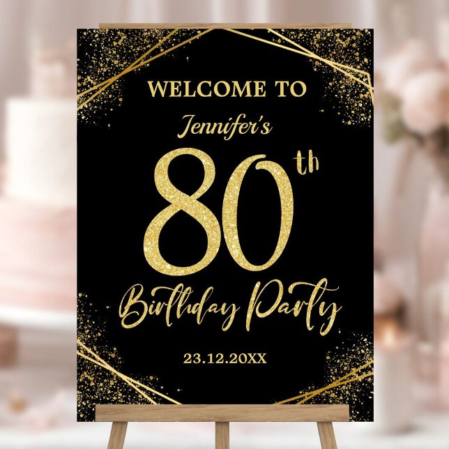 80th Birthday Party Black & Gold Glitter Welcome Foam Board (Creator Uploaded)