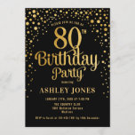 80th Birthday Party - Black & Gold Invitation<br><div class="desc">80th Birthday Party Invitation.
Elegant design in black and faux glitter gold. Features stylish script font and confetti. Message me if you need custom age.</div>