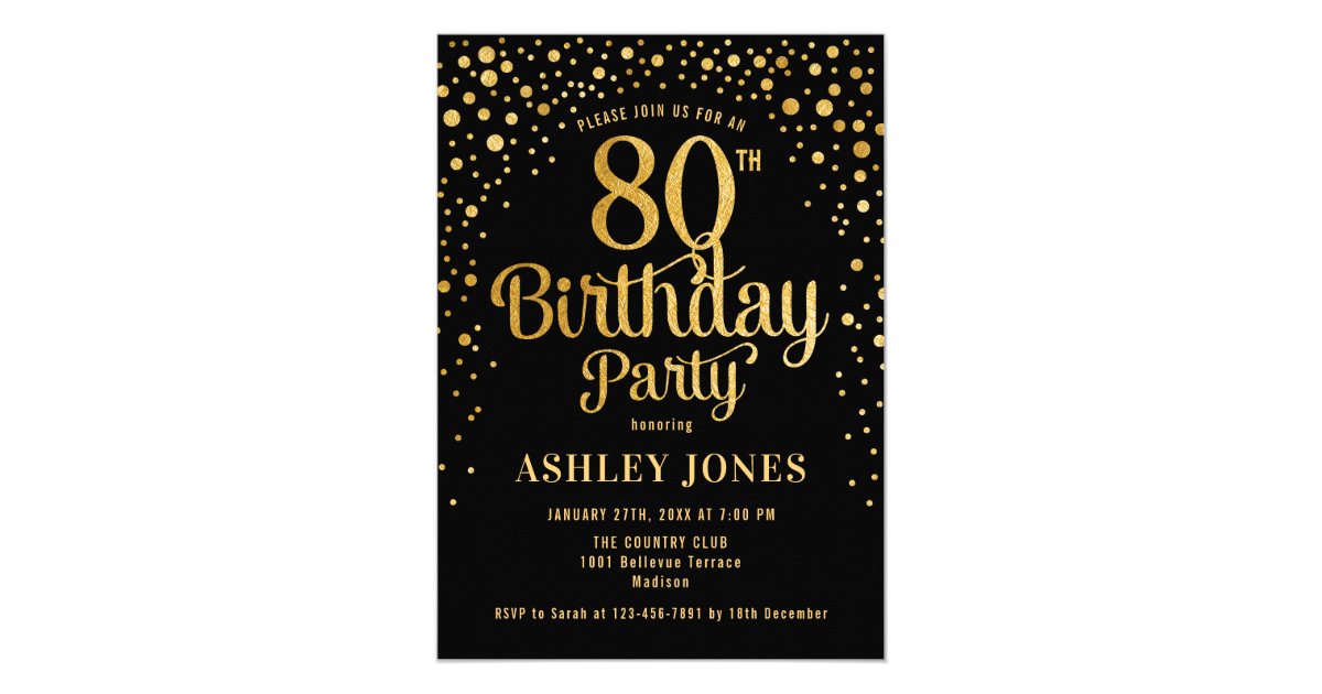 80th Birthday Party - Black & Gold Invitation | Zazzle.com
