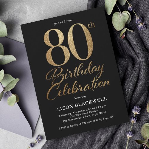 80th Birthday Party Black  Gold Invitation