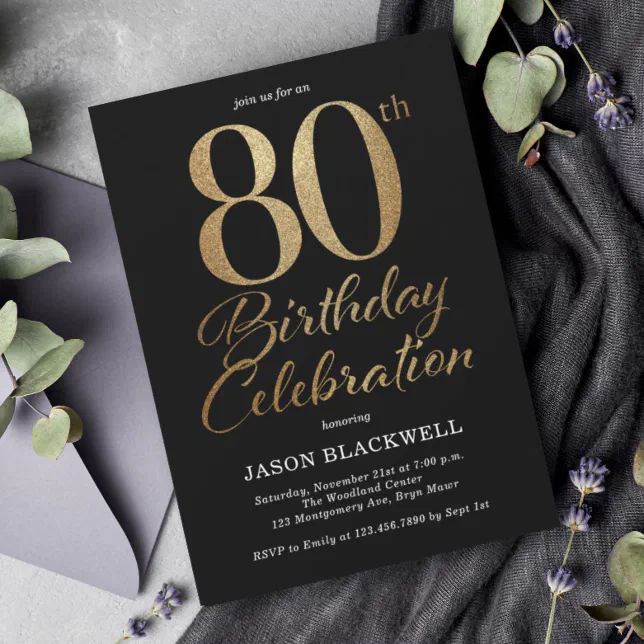 80th Birthday Party Black & Gold Invitation | Zazzle