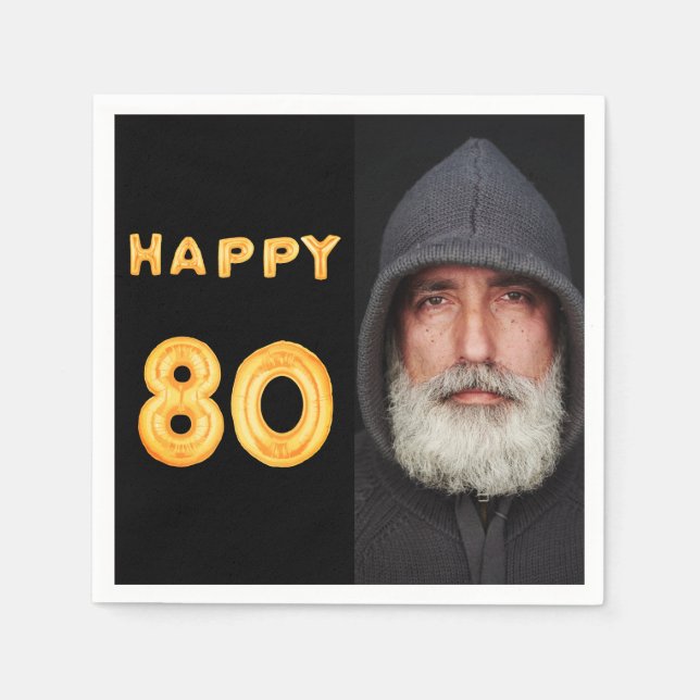 80th birthday party black gold photo man guy napkins (Front)