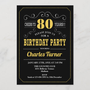 80th Birthday Party - Black Gold White Invitation