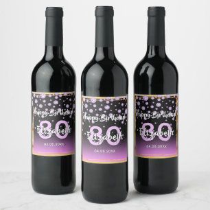 80th birthday party black purple glitter diamonds wine label