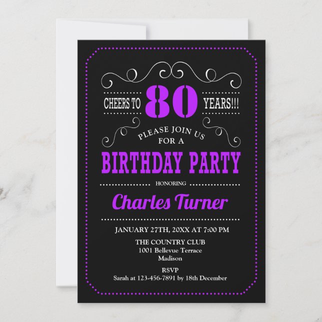 80th Birthday Party - Black Purple Invitation (Front)