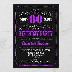 80th Birthday Party - Black Purple Invitation
