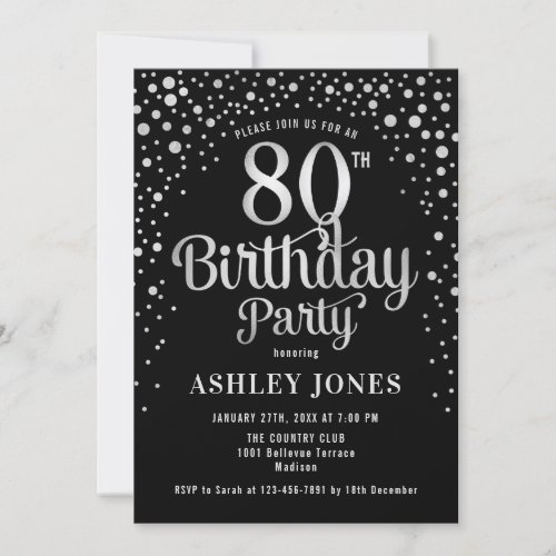 80th Birthday Party _ Black  Silver Invitation