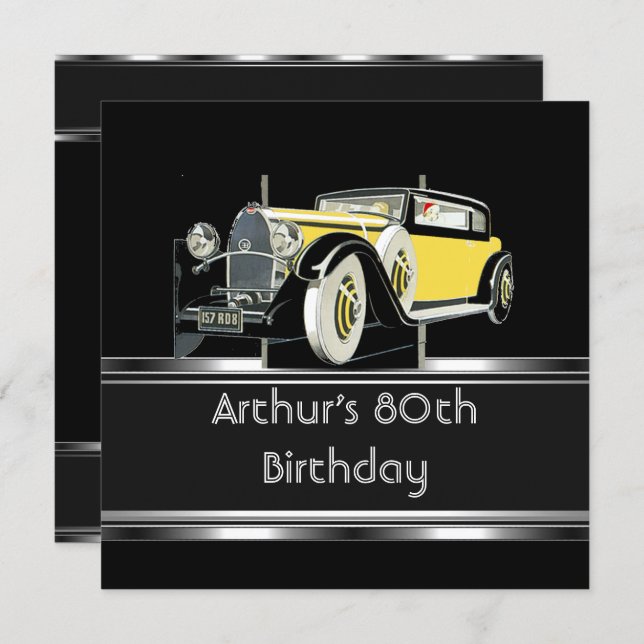 80th Birthday Party Black Vintage Car Mans Invitation (Front/Back)