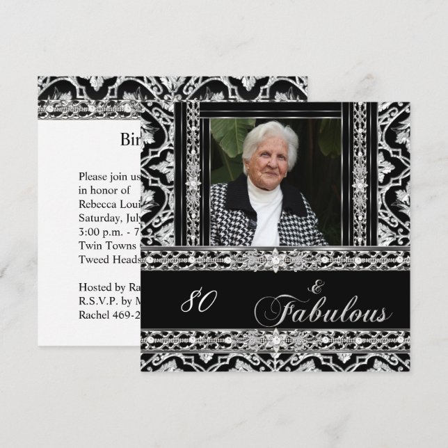 80th Birthday Party Black White Damask Diamond Invitation (Front/Back)