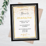 80th birthday party black white gold invitation postcard<br><div class="desc">An elegant birthday party invitation card for a 80th birthday for both men and women.  Templates for your information. Black and faux gold frames and golden confetti rain.  Elegant white background,  black and golden letters. The name is written with a modern hand lettered style script.</div>