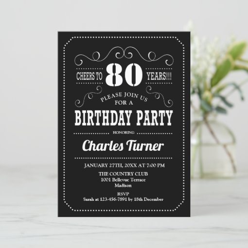 80th Birthday Party - Black White Invitation | Zazzle