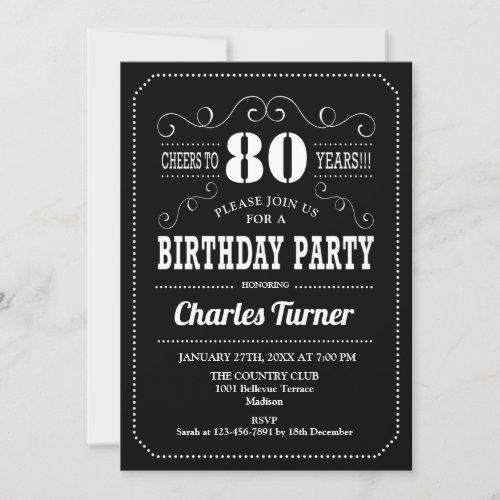 80th Birthday Party _ Black White Invitation