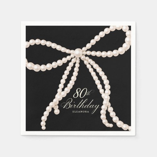 80th Birthday Party Black White Pearl Bow Cocktail Napkins