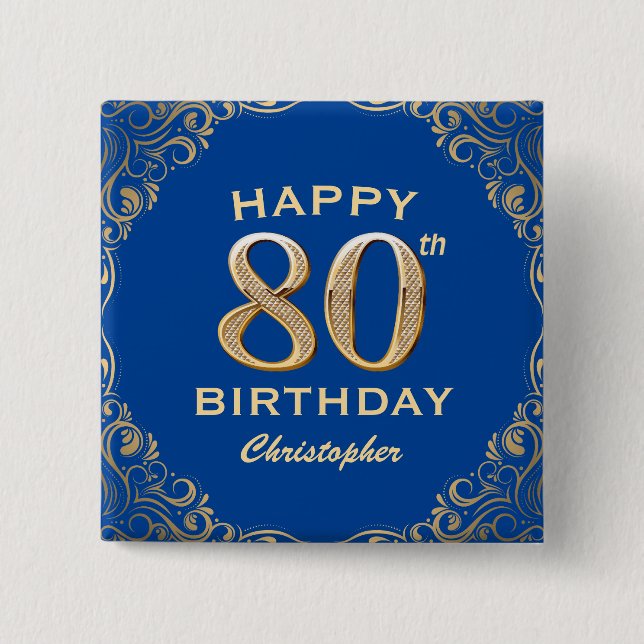 80th Birthday Party Blue and Gold Glitter Frame Button (Front)