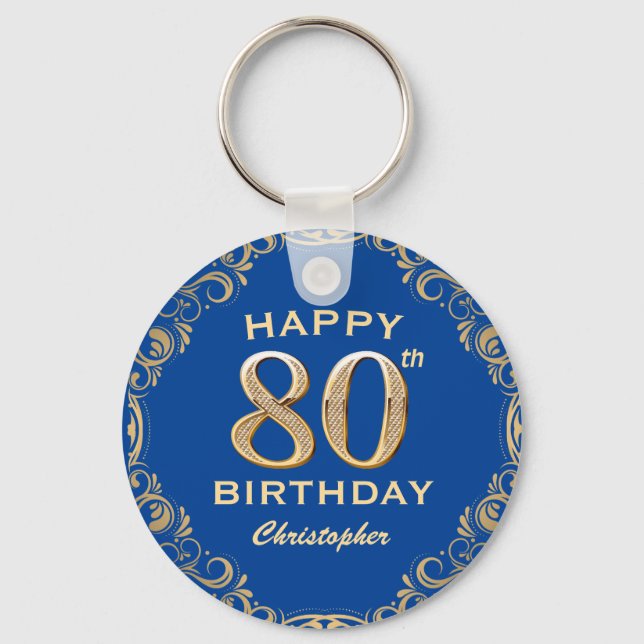 80th Birthday Party Blue and Gold Glitter Frame Keychain (Front)