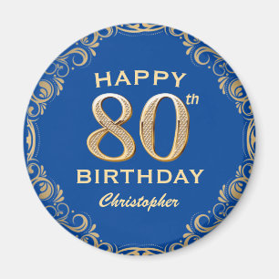 80th Birthday Party Blue and Gold Glitter Frame Magnet