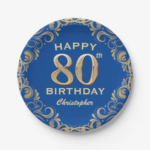 80th Birthday Party Blue and Gold Glitter Frame Paper Plates