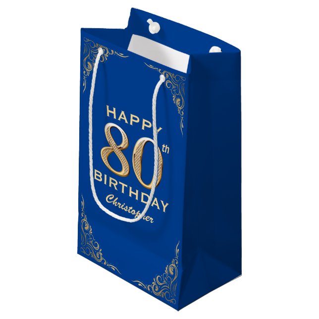 80th Birthday Party Blue and Gold Glitter Frame Small Gift Bag (Front Angled)