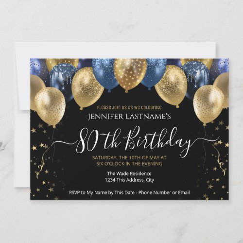 80th Birthday Party Blue and Gold Invitation