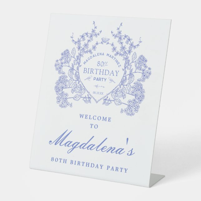 80th Birthday Party Blue Floral Crest Welcome Pedestal Sign (Front)