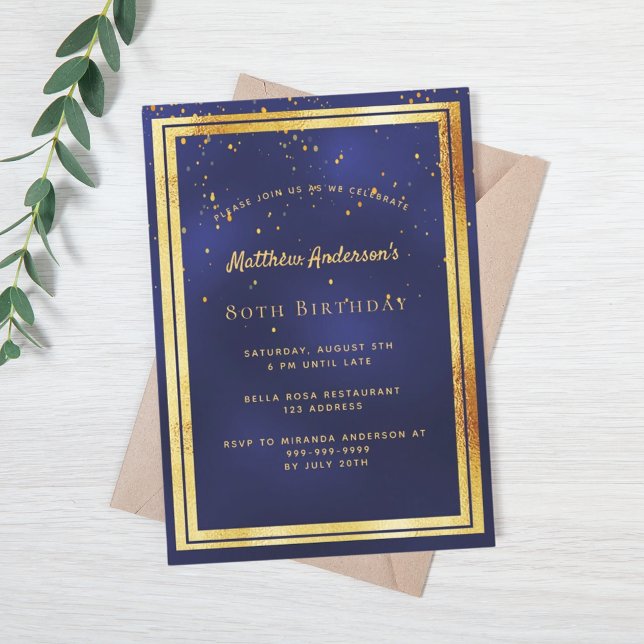 80th birthday party blue gold confetti sprinkle invitation (Creator Uploaded)