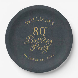 80th Birthday Party Blue Gold Elegant Calligraphy Paper Plates