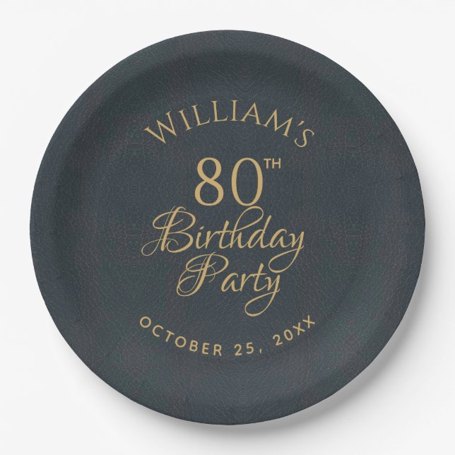 80th Birthday Party Blue Gold Elegant Calligraphy Paper Plates (Front)