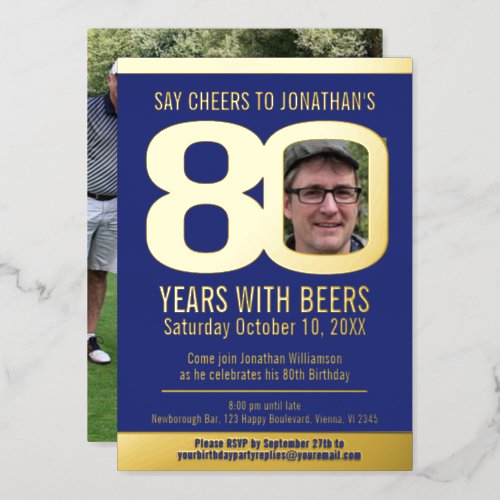 80th Birthday party blue gold foil photo beer Foil Invitation